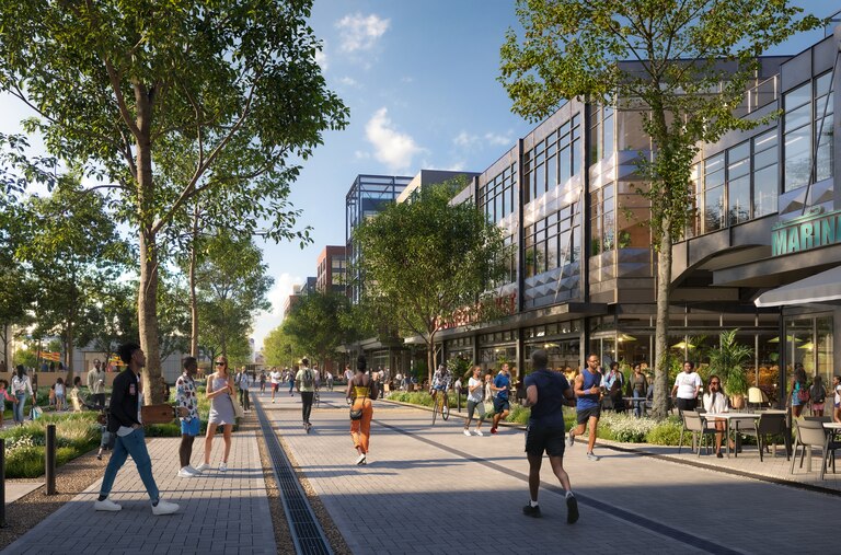 Digital rendering shows hypothetical view of new development, with people walking, running and sitting on wide sidewalk next to new glass building.