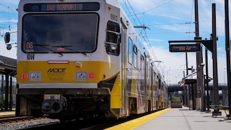 Exterior of a Light Rail train heading to BWI Airport at Camden Station in Baltimore on 8/11/22.