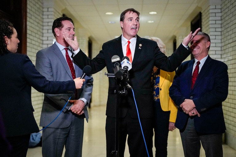 Del. Brian Chisolm holds an impromptu press conference with other members of the Maryland Freedom Caucus at the Maryland State House on Sine Die in Annapolis, Md. on Monday, April 7, 2025. To his side are Dels. Matt Morgan, Kathy Szeliga and Mark Fisher.