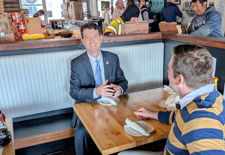 Mayor Jared Littmann grabs lunch at Market House with Alderman Brooks Schandelmeier on April 10.