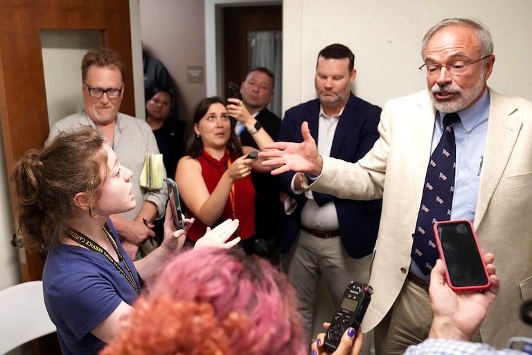 U.S. Rep. Andy Harris refuses to take questions from Cat Murphy, a CNS reporter from the University of Maryland, during a press gaggle following a League of Women Voters forum at the Chesapeake Grove Intergenerational Center in Cambridge, Md. on Tuesday, October 13, 2026.