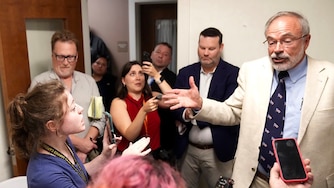 U.S. Rep. Andy Harris refuses to take questions from Cat Murphy, a CNS reporter from the University of Maryland, during a press gaggle following a League of Women Voters forum at the Chesapeake Grove Intergenerational Center in Cambridge, Md. on Tuesday, October 13, 2026.