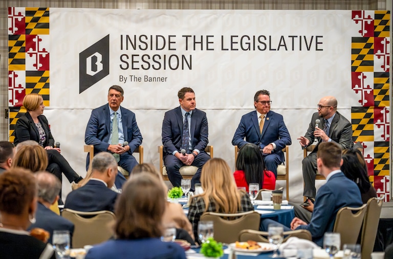 From left, Sen. Guy J. Guzzone, Del. Ben Barnes, Sen. Stephen S. Hershey, Jr., and Jake Weissmann, Acting Secretary of the Maryland Department of Budget and Management speak with Banner reporter Pamela Wood during the Inside the Legislative Session event at The Graduate in Annapolis on Tuesday, January 20, 2026.