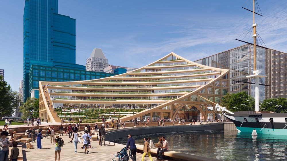 MCB Real Estate renderings of a redeveloped Harborplace include a building with a rooftop park called “the sail.”