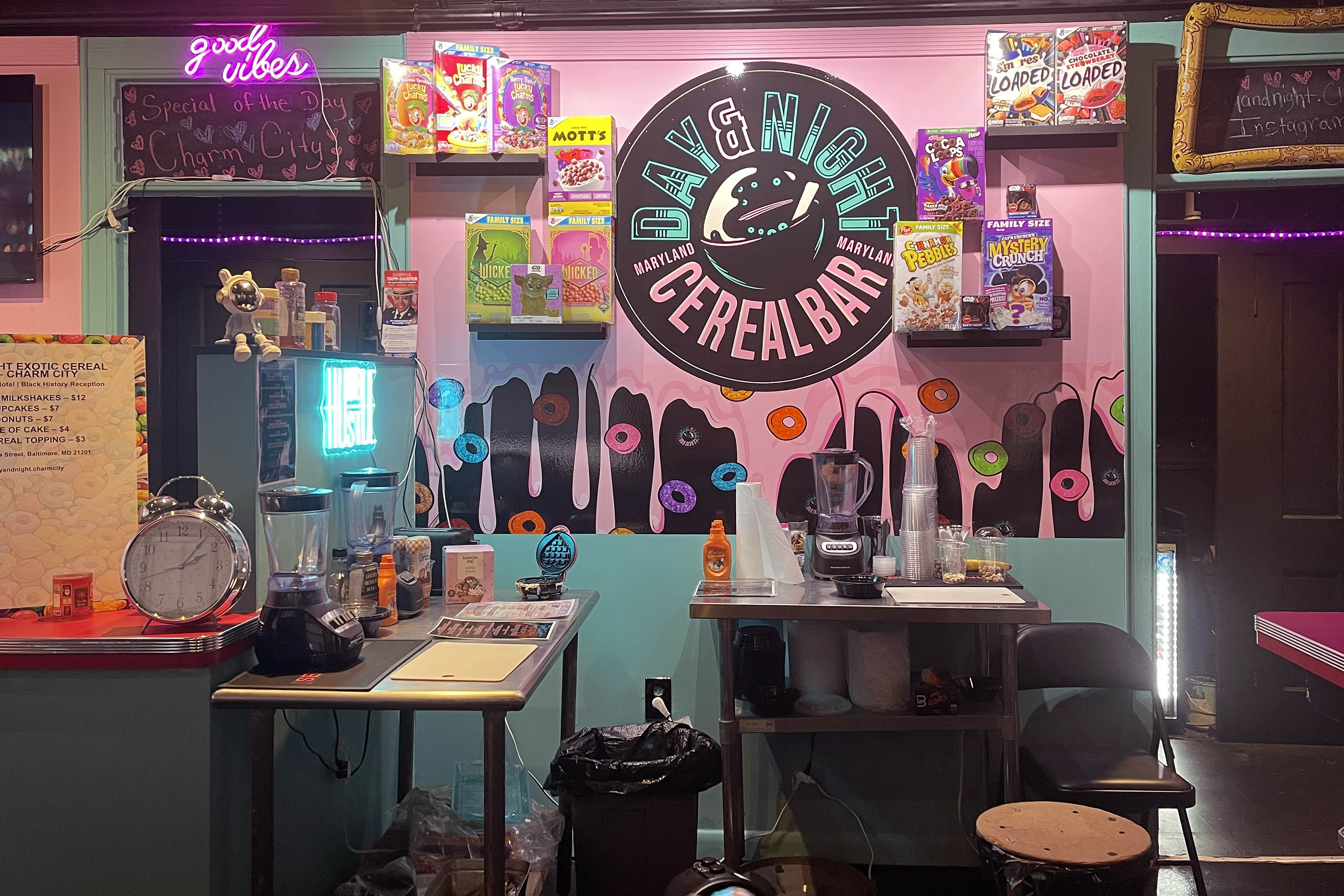 The interior wall of Day & Night Exotic Cereal Bar, located at 333 N. Charles St.