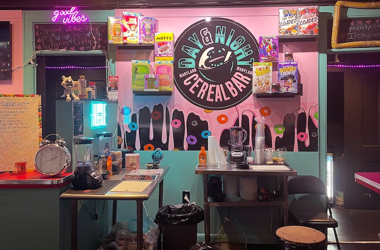 The interior wall of Day & Night Exotic Cereal Bar, located at 333 N. Charles St.