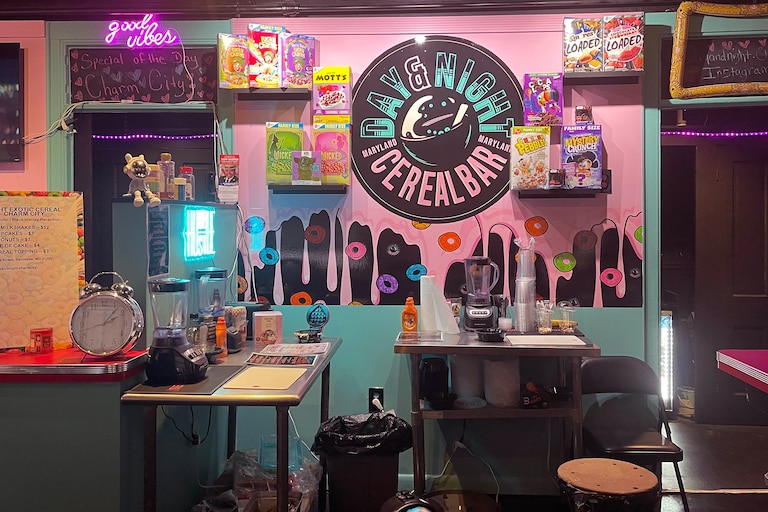The interior wall of Day & Night Exotic Cereal Bar, located at 333 N. Charles St.