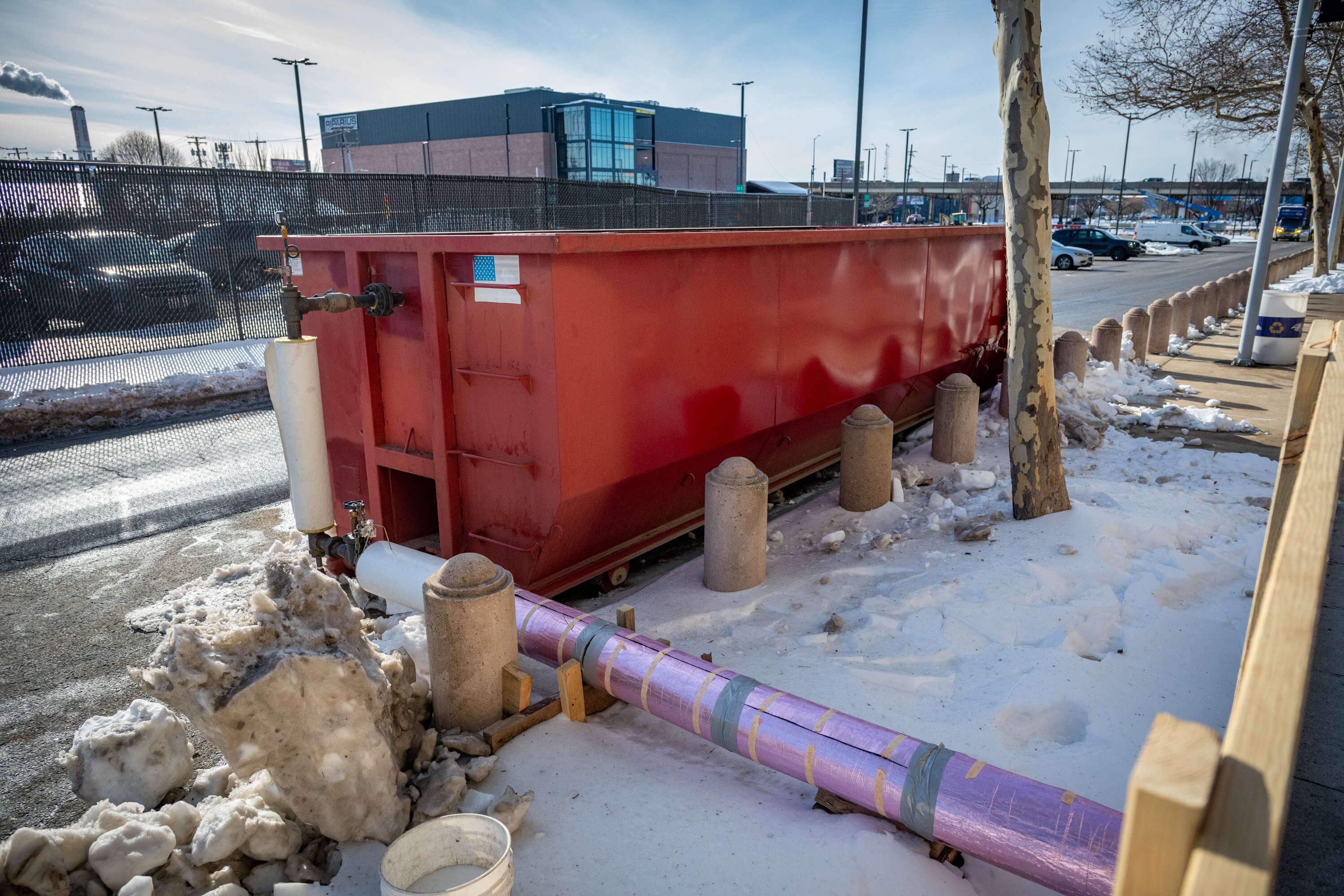 A snow melter tied into a steam line is seen outside M&T Bank Stadium.