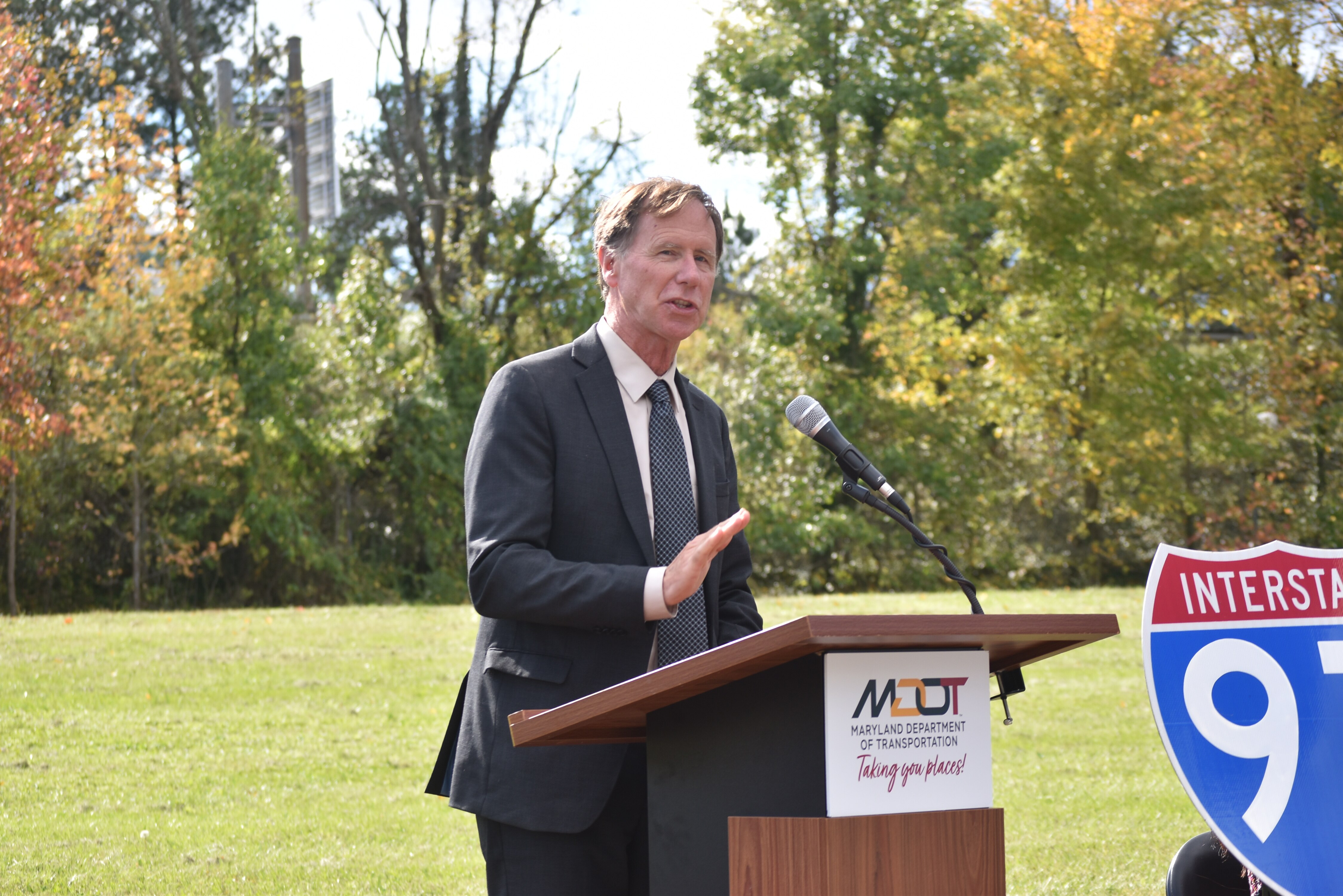 Anne Arundel County Executive Steuart Pittman speaks at a press conference highlighting the county's contribution to a highway widening project on I-97 in Crownsville on Monday, Oct. 20, 2025.