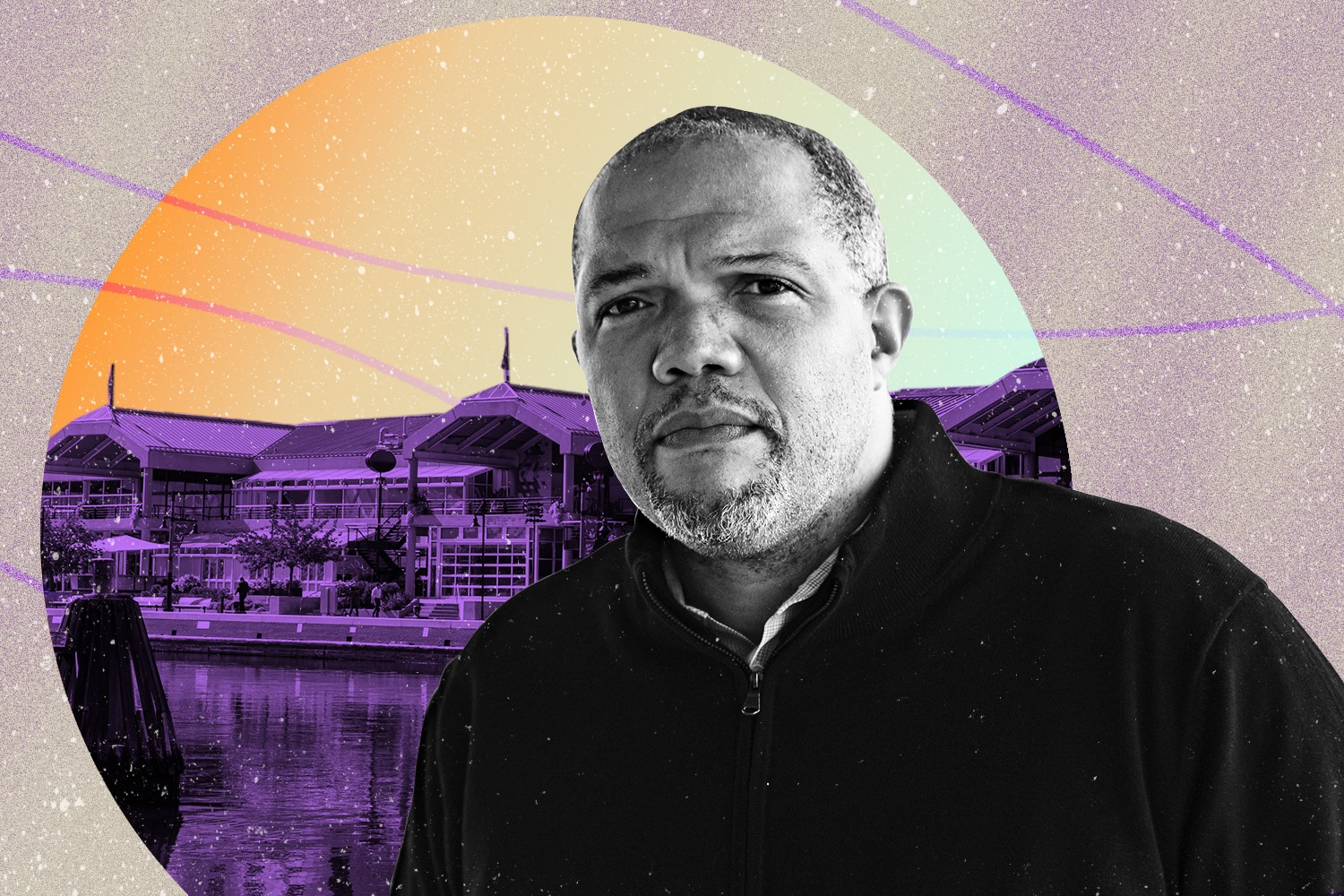 Photo illustration shows David Bramble with view of Harborplace pavilions in background.