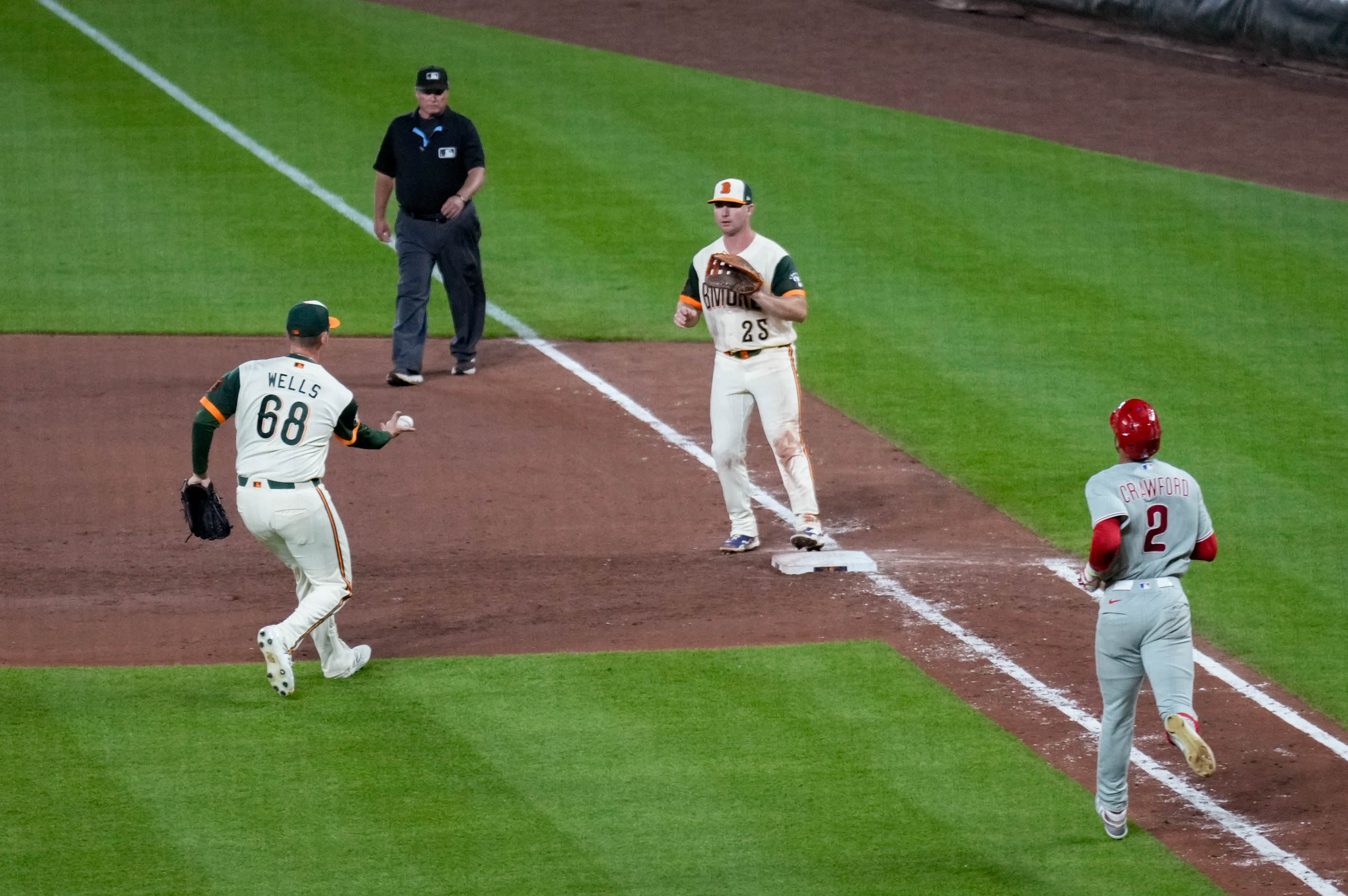 Pitcher Tyler Wells tosses the ball to first baseman Pete Alonso for the last out as the Orioles beat the Phillies 6-4.