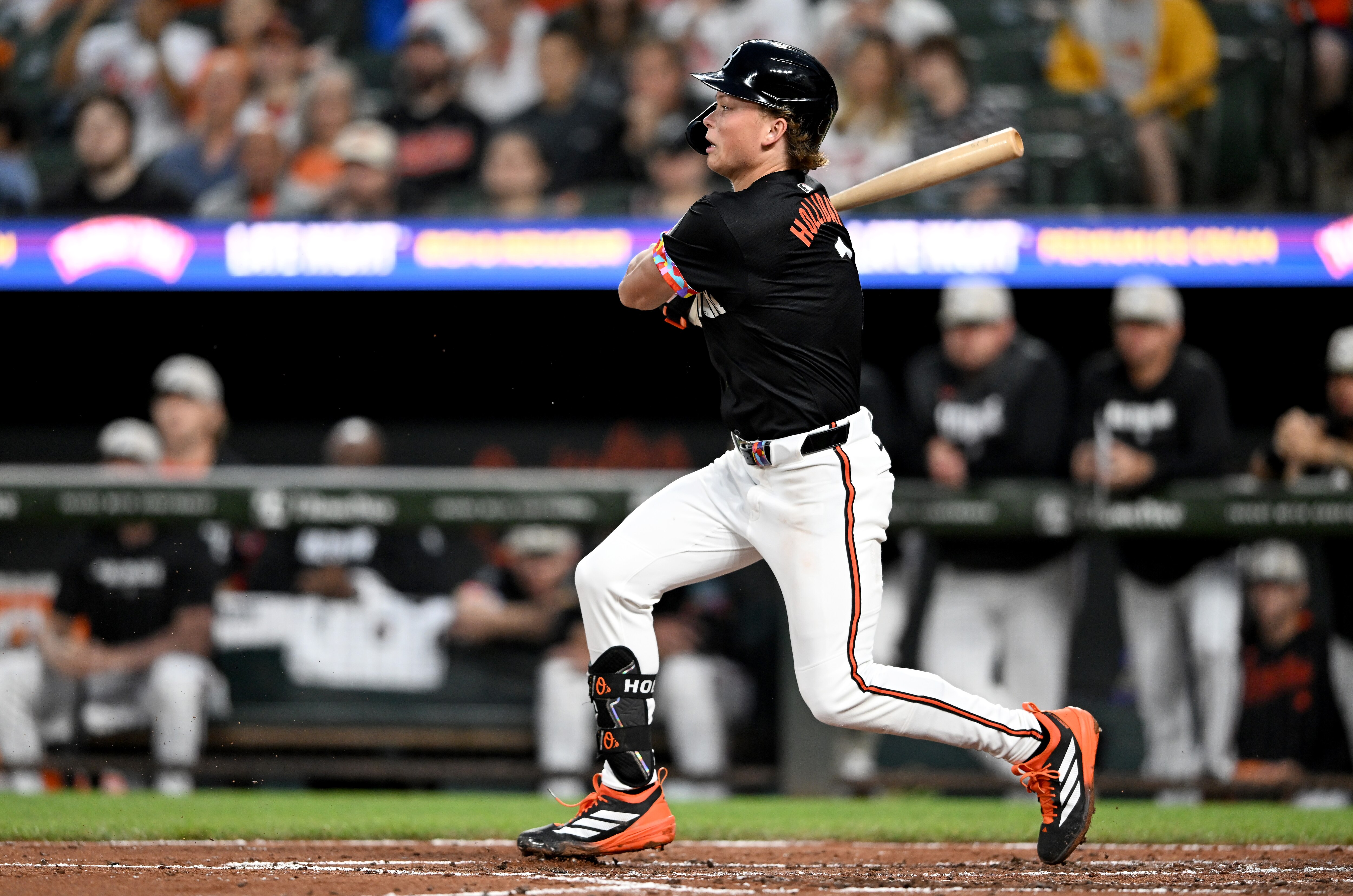 Jackson Holliday drives in a run with a single in the third inning with one of his three hits Friday night in the Orioles’ 4-3 loss to the Washington Nationals.