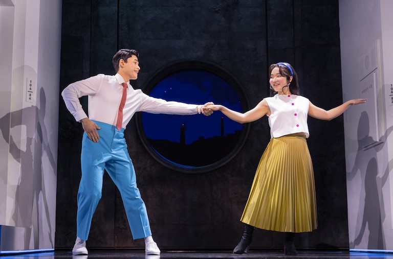 Claire Kwon, right, and Steven Huynh star in “Maybe Happy Ending.” The Tony Award winner’s national tour launches at the Hippodrome Theatre on Sept. 13.