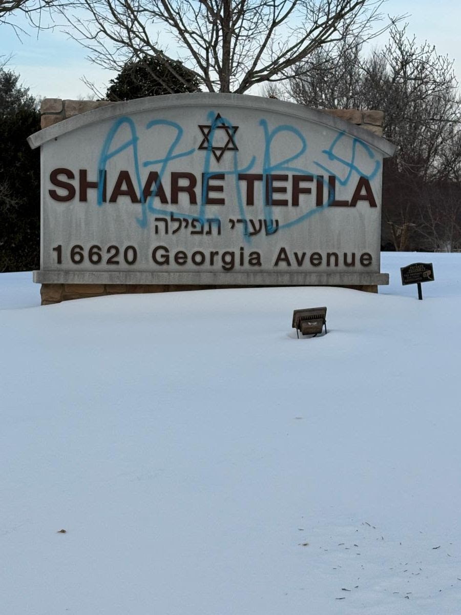 Police are investigating vandalism of the building markers and two banners  outside Shaare Tefila, a synagogue in Olney.