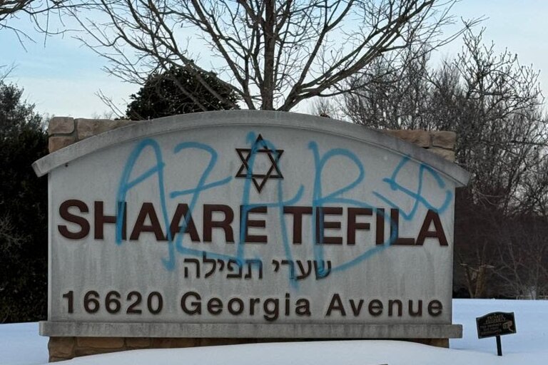 Police are investigating vandalism of the building markers and two banners outside Shaare Tefila, a synagogue in Olney.