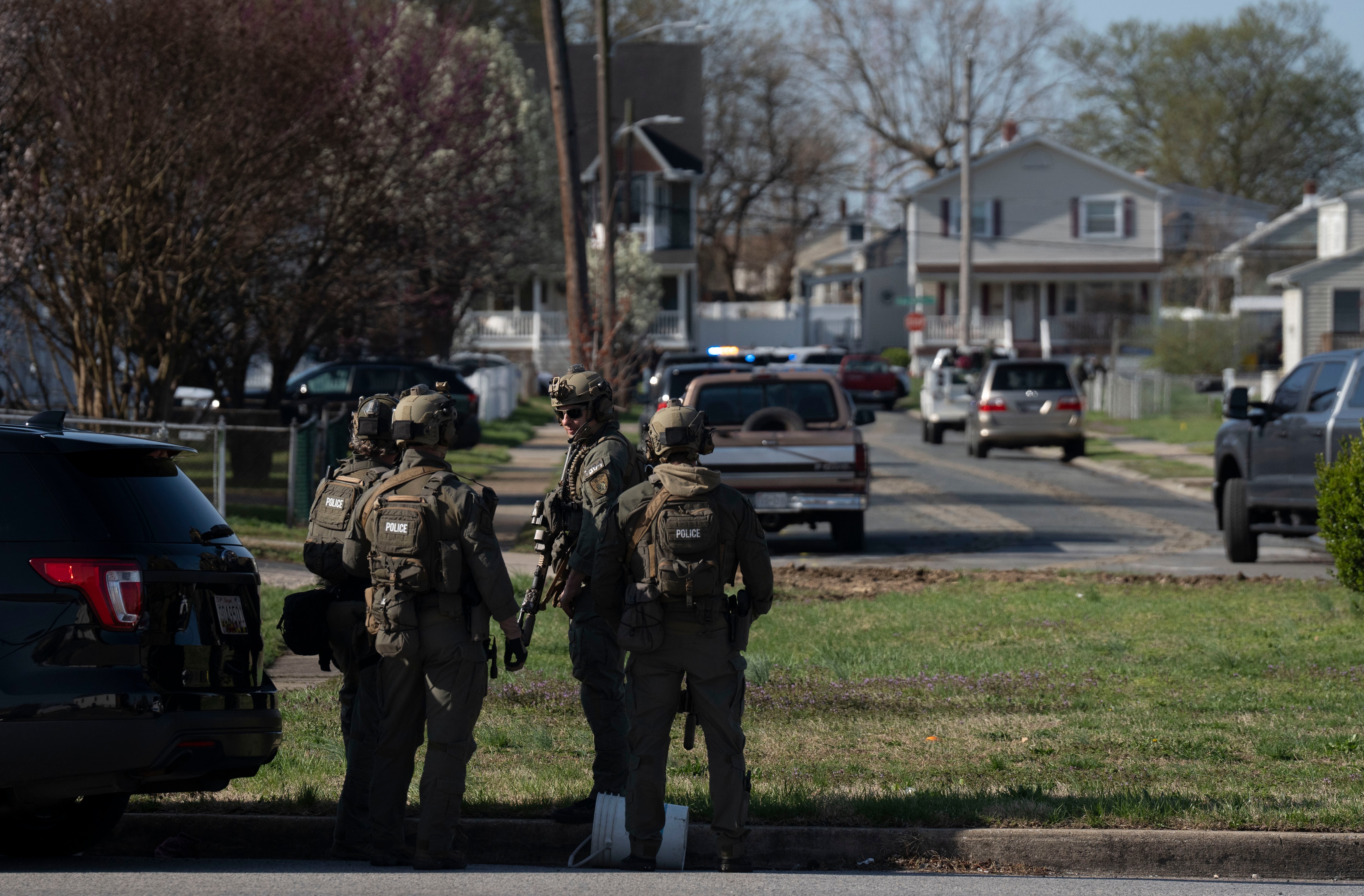 Baltimore County Police respond to an armed barricaded subject near Gray Manor Terrace in Dundalk on Tuesday.