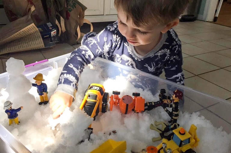 Fill a shallow plastic bin or baking dish with snow, bring it inside and let kids take their favorite toys into a miniature winter wonderland. Paw Patrol snow rescue. Dinosaurs tromping through the snow. Barbie dolls building a snowman.