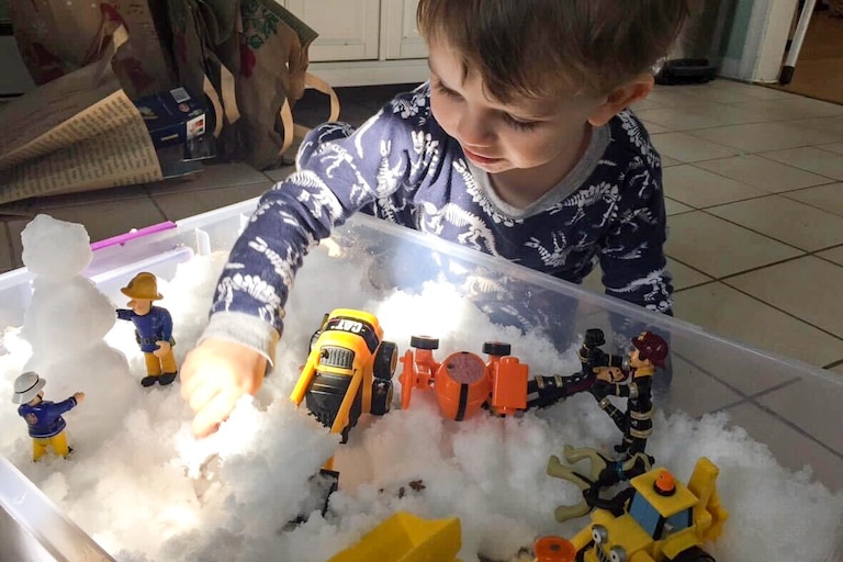 Fill a shallow plastic bin or baking dish with snow, bring it inside and let kids take their favorite toys into a miniature winter wonderland. Paw Patrol snow rescue. Dinosaurs tromping through the snow. Barbie dolls building a snowman.