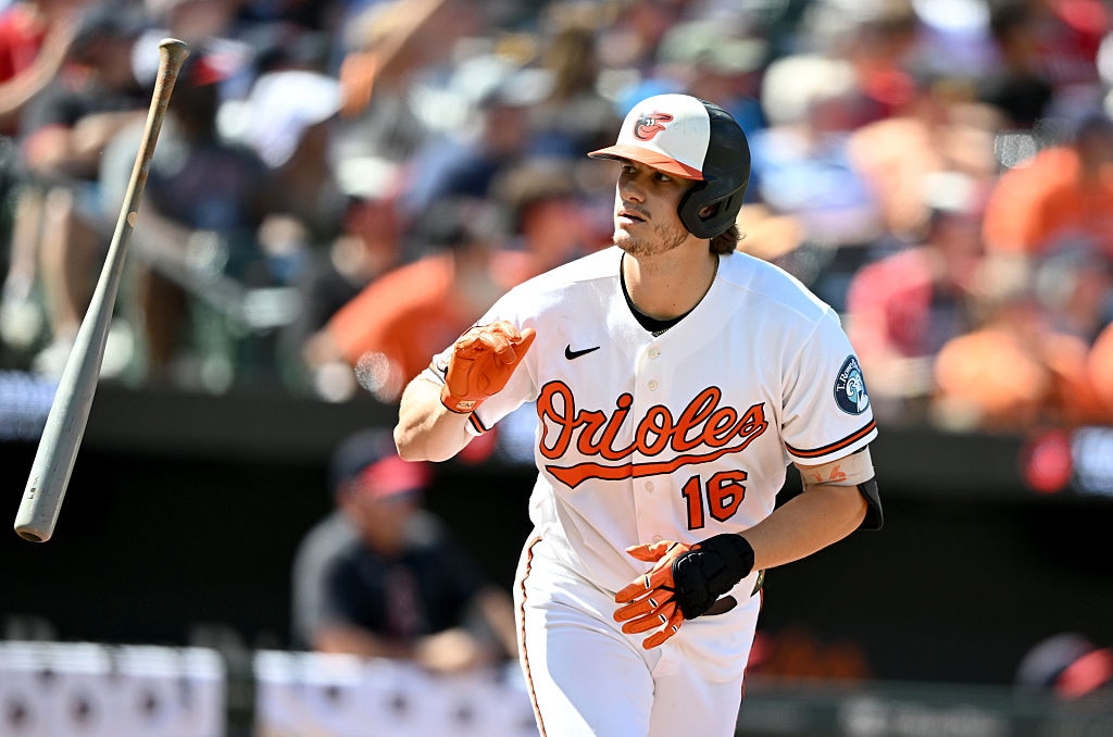 Orioles third baseman Coby Mayo tosses his bat after hitting a home run in the third inning against the Cleveland Guardians.