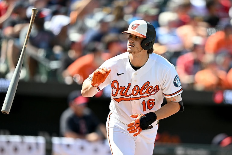 Orioles third baseman Coby Mayo tosses his bat after hitting a home run in the third inning against the Cleveland Guardians.