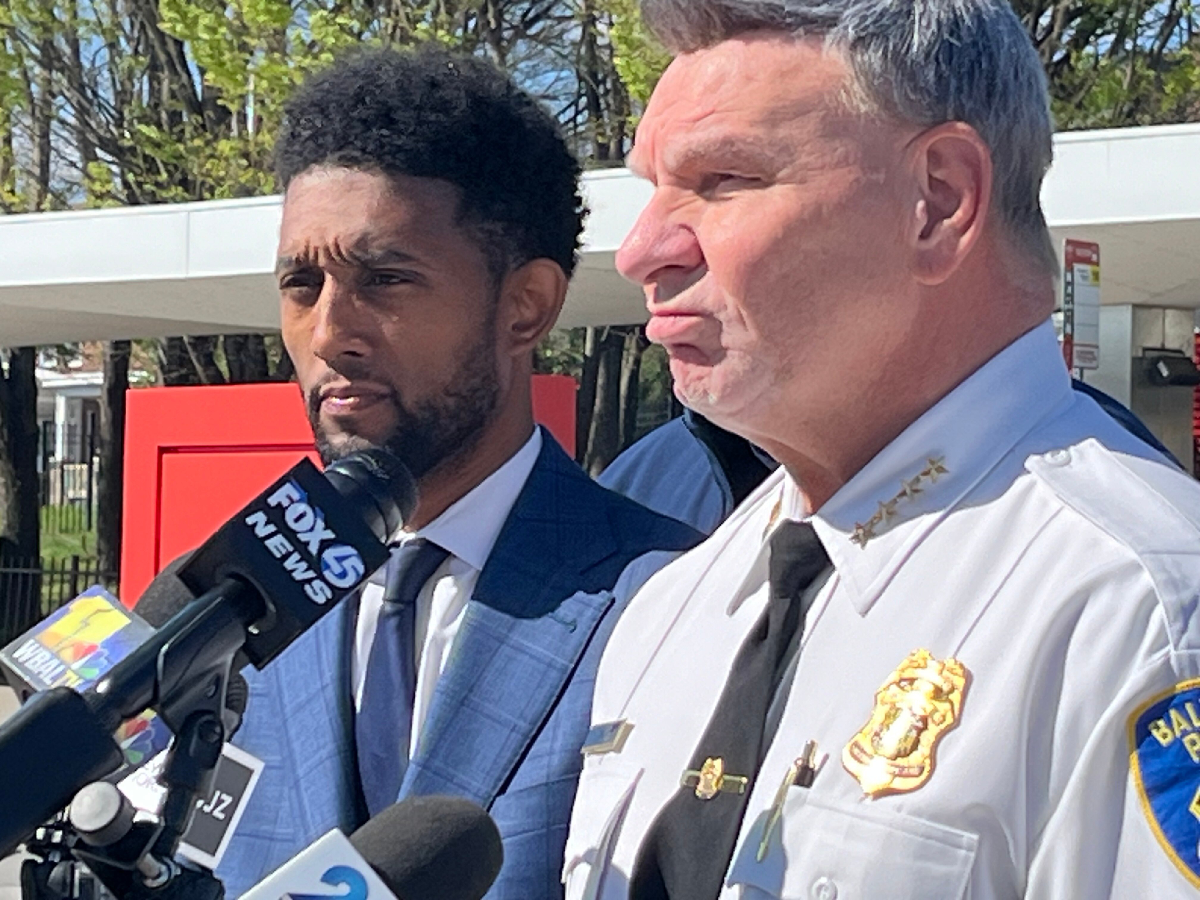 Mayor Brandon Scott and Police Commissioner Richard Worley address reporters Saturday, April 13, 2024, outside the Mondawmin Mall, where a 7-year-old girl was shot.