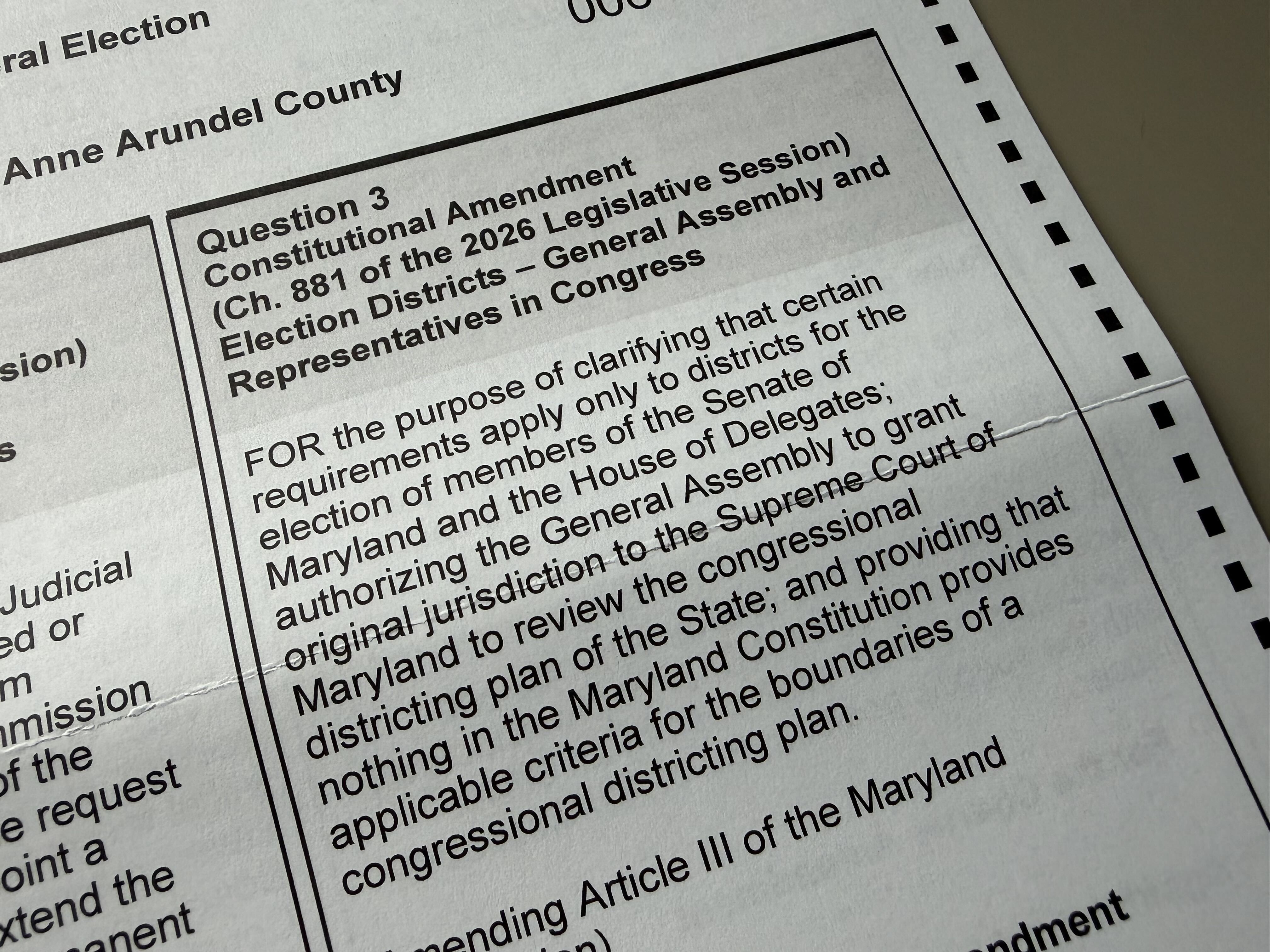 Question 3 on Maryland mail ballot.