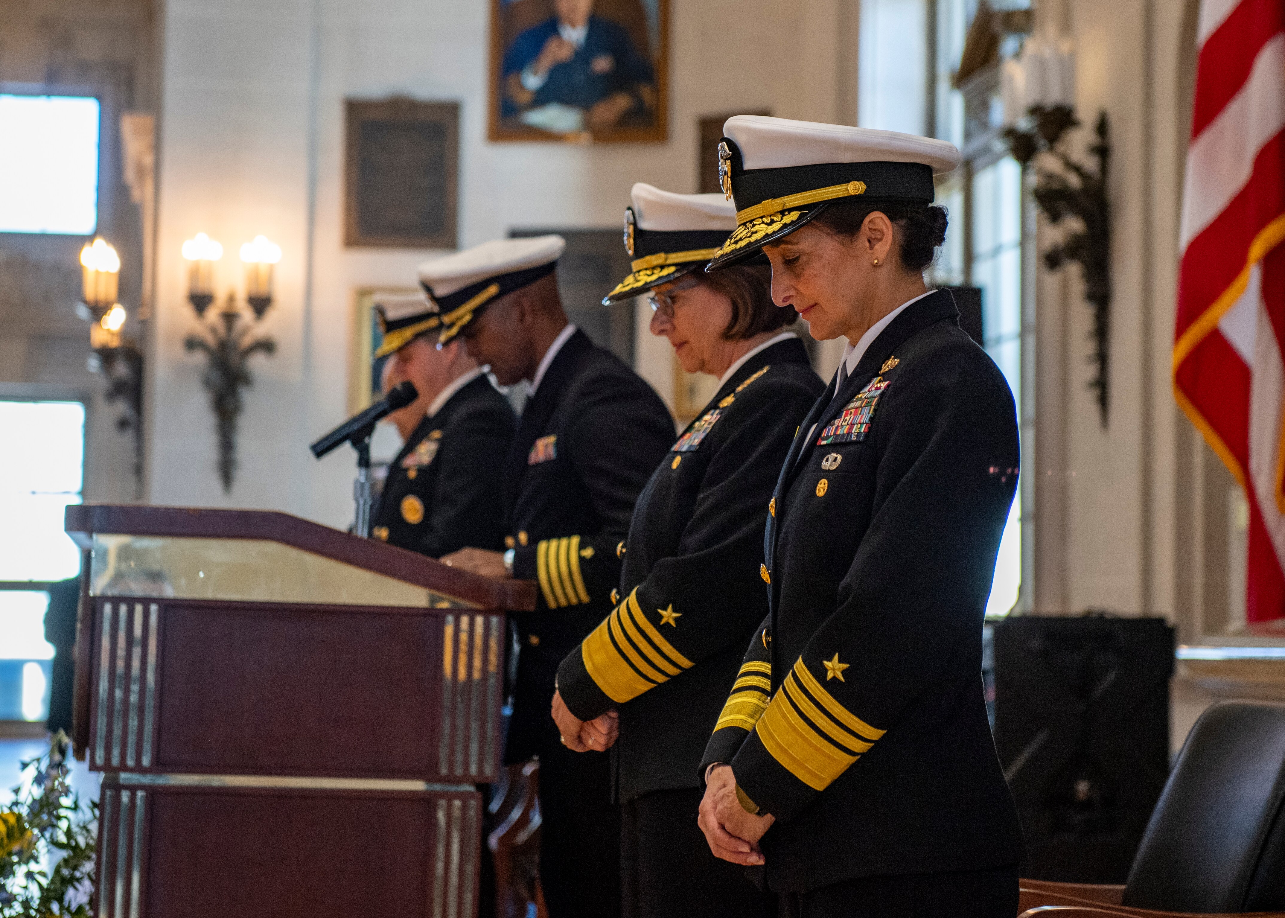 ANNAPOLIS, Md. (Jan. 11, 2024) The U.S. Naval Academy holds the change of command ceremony in Bancroft Hall where the 64th Naval Academy Superintendent Rear Adm. Fred Kacher was properly relieved by Vice Adm. Yvette Davids. A decorated naval officer, class of 1990, who will head to Yokosuka, Japan to take the reins as commander of the United States Seventh Fleet. As the undergraduate college of our countrys naval service, the Naval Academy prepares young men and women to become professional officers of competence, character, and compassion in the U.S. Navy and Marine Corps.