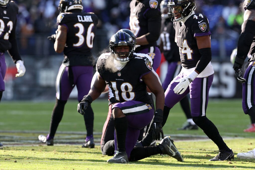 Linebacker Roquan Smith of the Baltimore Ravens reacts after making a tackle against the Atlanta Falcons.
