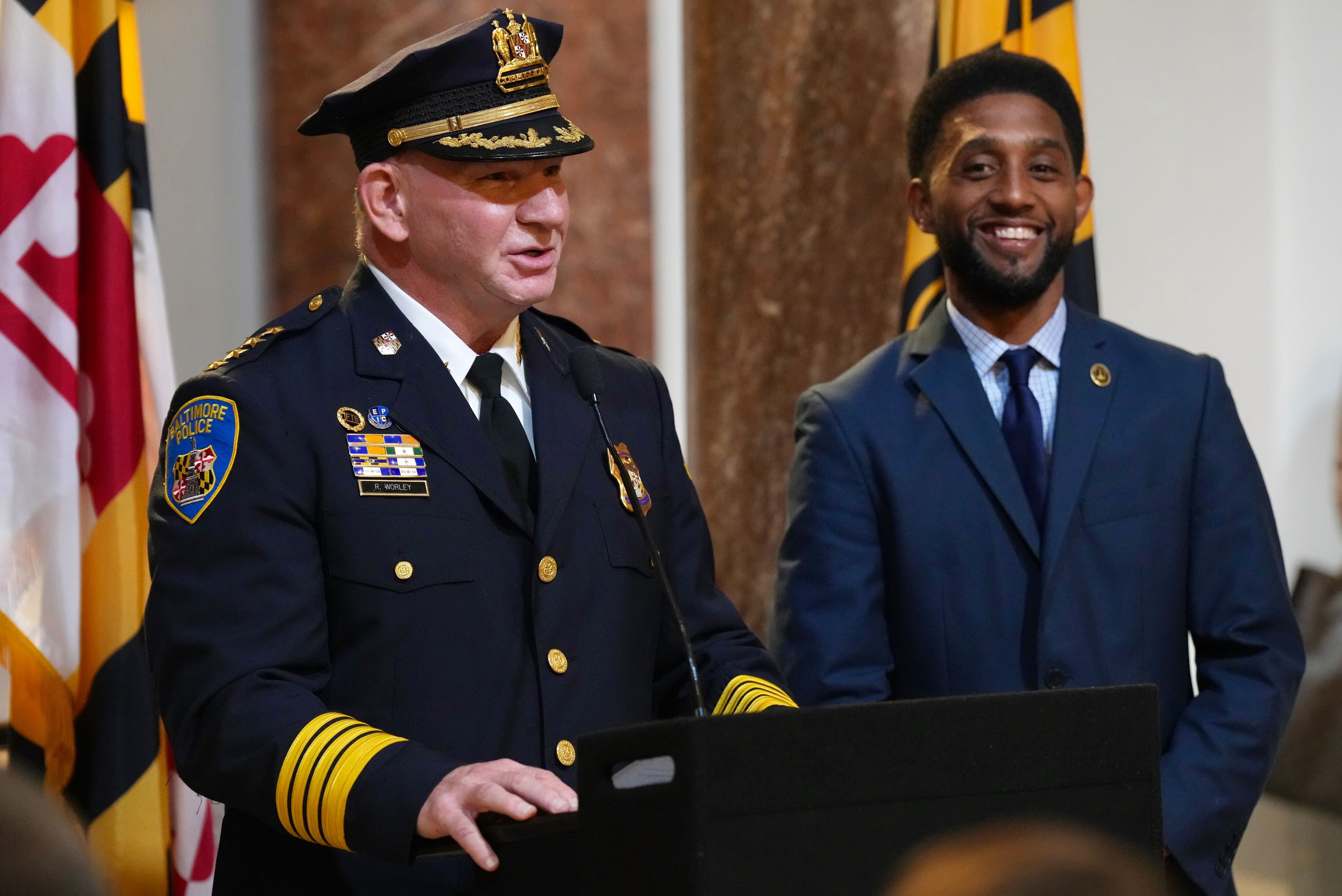 Baltimore Police Commissioner Richard Worley is officially sworn into office by Mayor Brandon Scott during a ceremony at City Hall on Thursday, October 5.