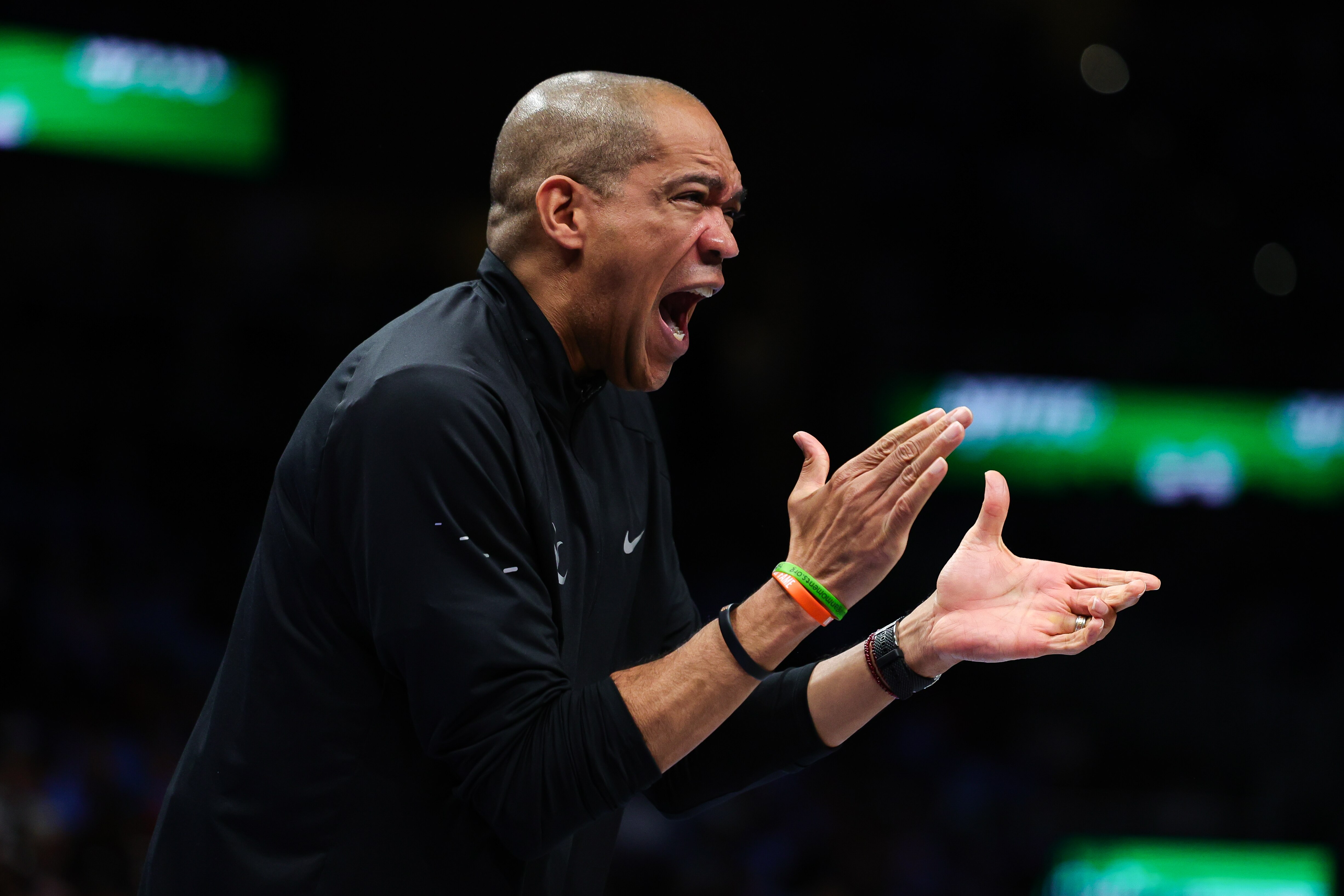 Washington Mystics head coach Sydney Johnson reacts during the first half in Game 1 of an WNBA basketball first-round playoff series against the Atlanta Dream, Sunday, Sept. 27, 2026, in Atlanta. (AP Photo/Colin Hubbard)