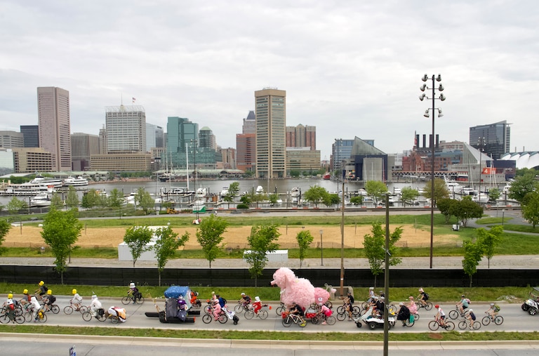 FiFi the Poodle, the race’s most heavy sculpture, makes her way down Key Highway to kick off the Kinetic Sculpture Race in Baltimore on Saturday, May 3, 2025.