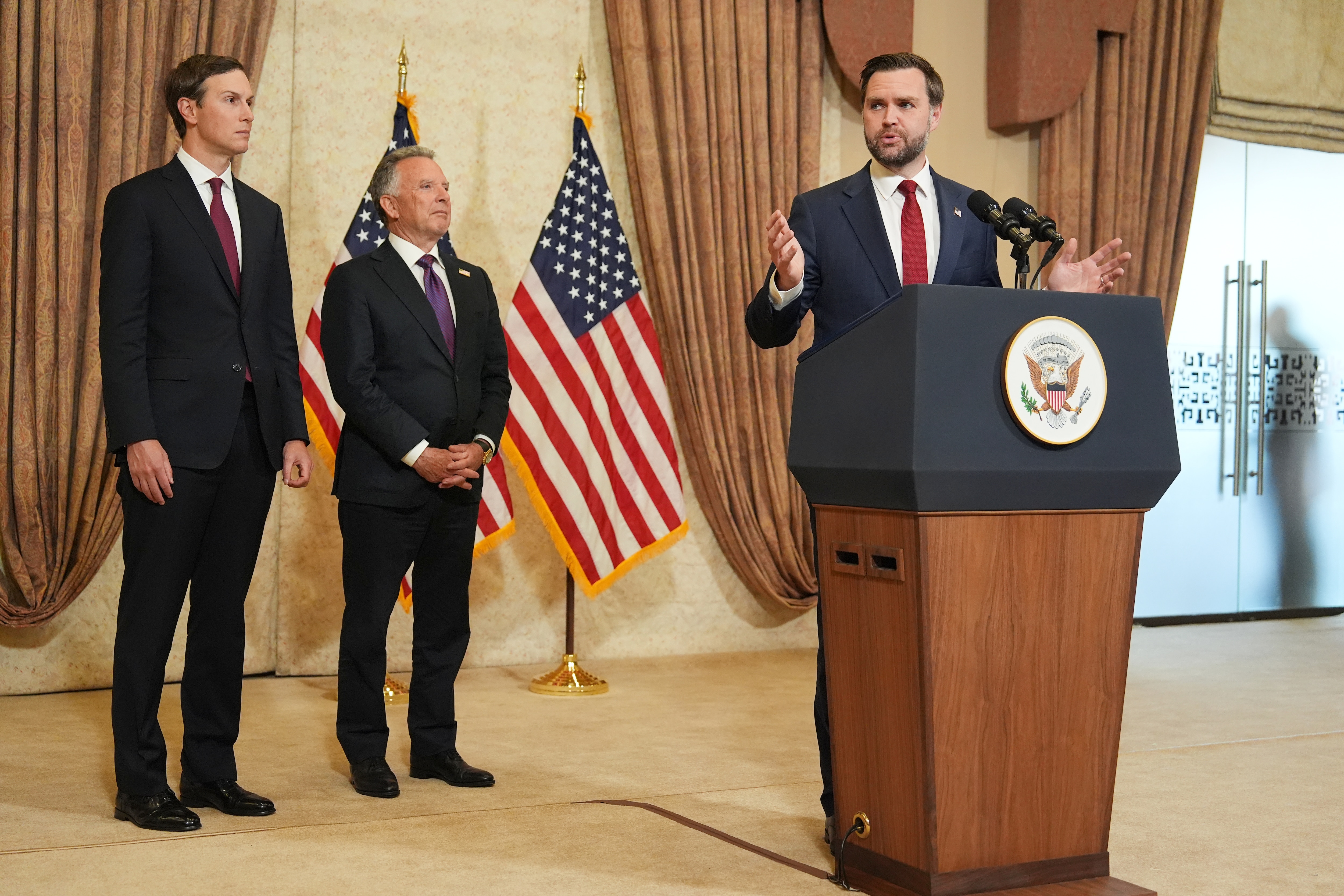 Vice President JD Vance speaks during a news conference after meeting with representatives from Pakistan and Iran as Jared Kushner and Steve Witkoff, Special Envoy for Peace Missions listen, on Sunday, April 12, 2026, in Islamabad, Pakistan.