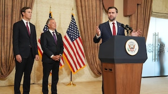 Vice President JD Vance speaks during a news conference after meeting with representatives from Pakistan and Iran as Jared Kushner and Steve Witkoff, Special Envoy for Peace Missions listen, on Sunday, April 12, 2026, in Islamabad, Pakistan.