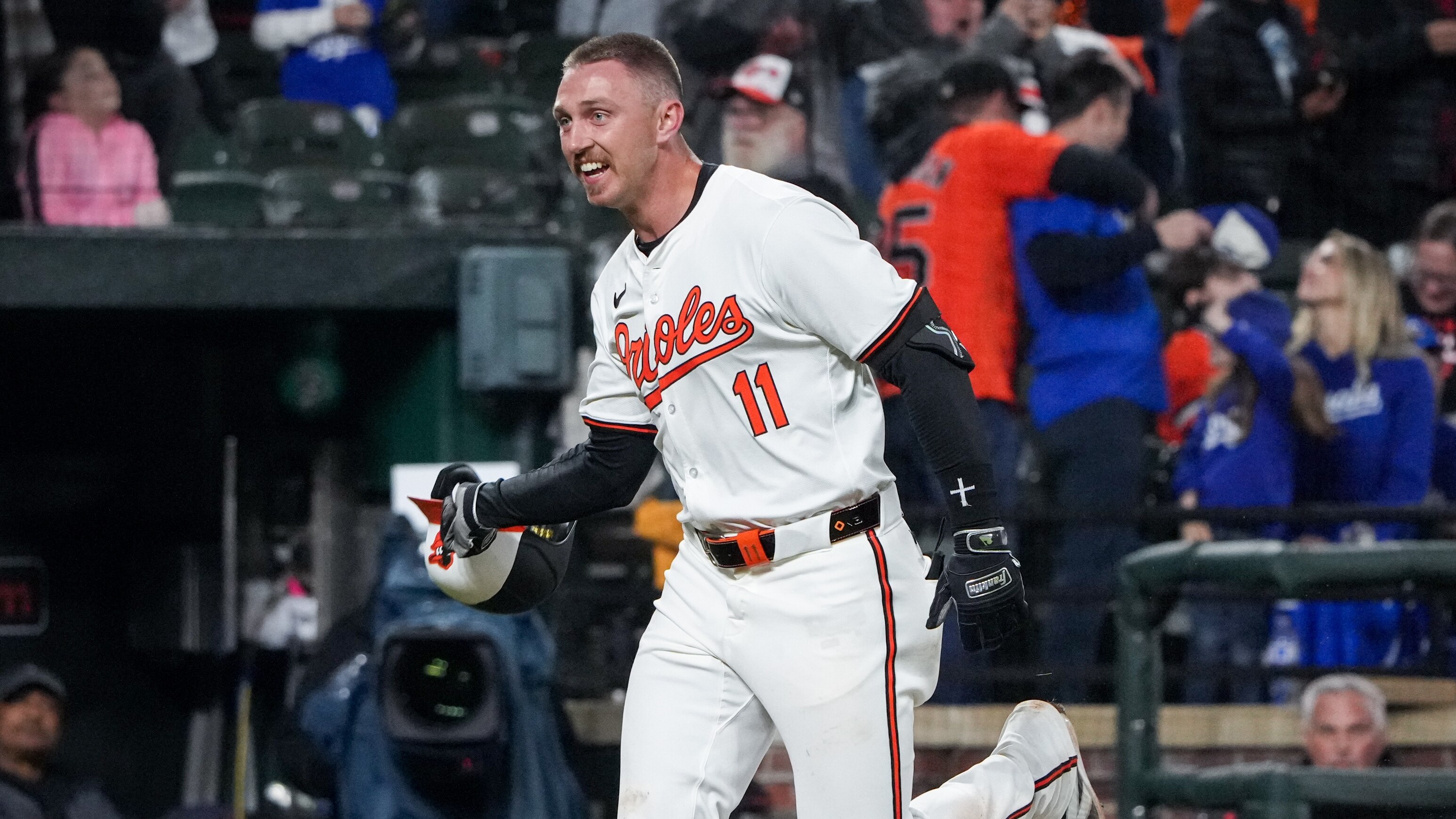 Baltimore Orioles second baseman Jordan Westburg runs the bases after hitting a two-run homer in the ninth inning for a walk-off win over the Kansas City Royals at Camden Yards on April 1, 2024.