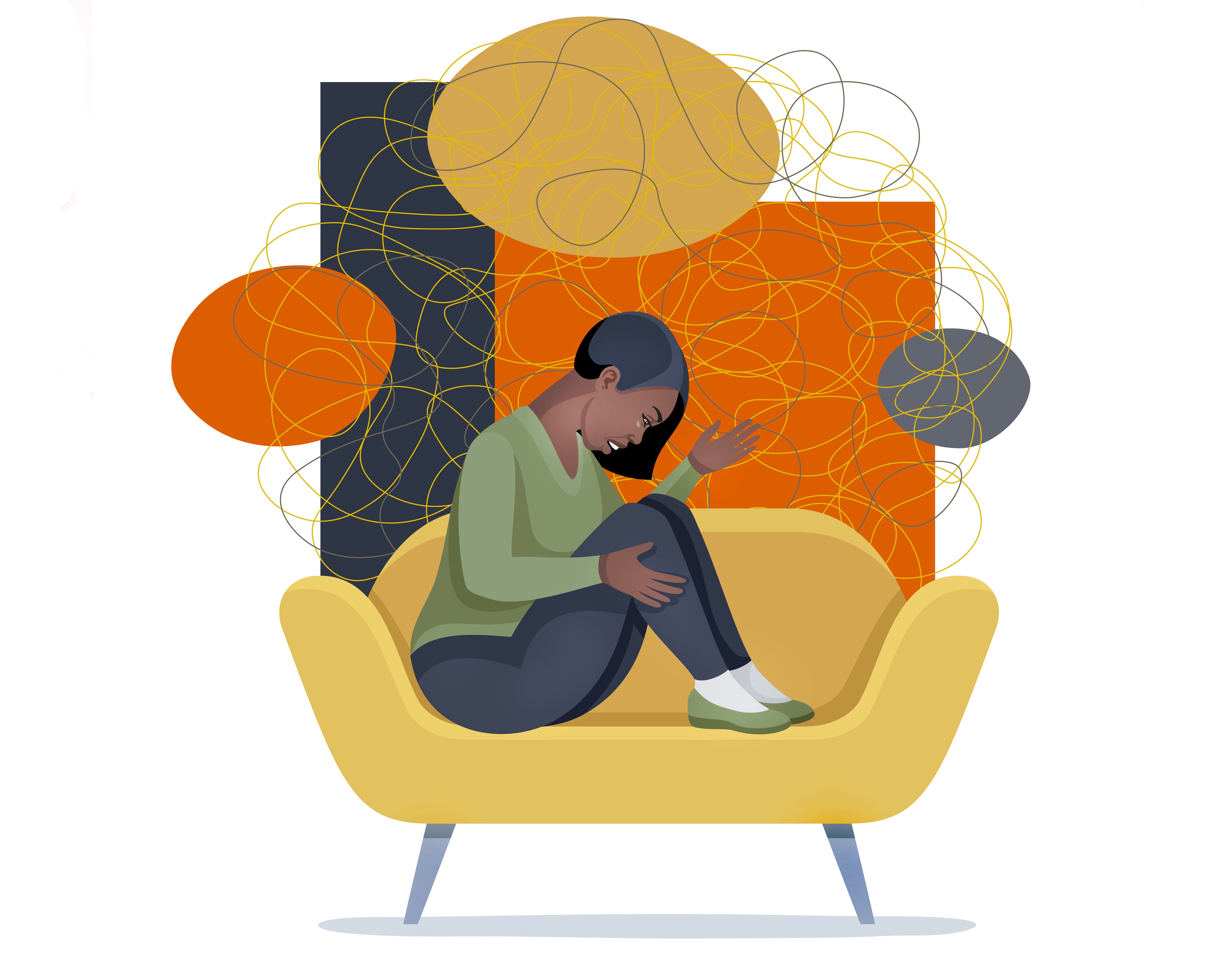 Young depressed female character sitting on a sofa.