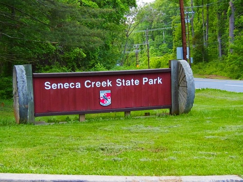 A sign welcomes visitors to Seneca Creek State Park in Montgomery County, Maryland.