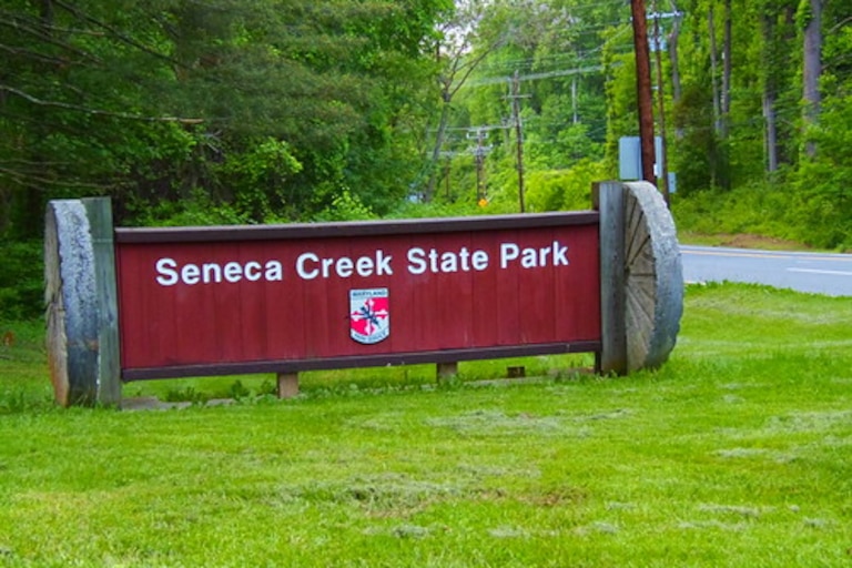 A sign welcomes visitors to Seneca Creek State Park in Montgomery County, Maryland.