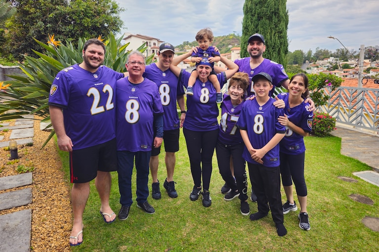 Andre Suman, second from right, back rown, and his family in Sao Paolo on the day of the Ravens' Week 2 game against the New Orleans Saints. Now a resident of Bel Air, Suman has brought his family into the Ravens Flock.
