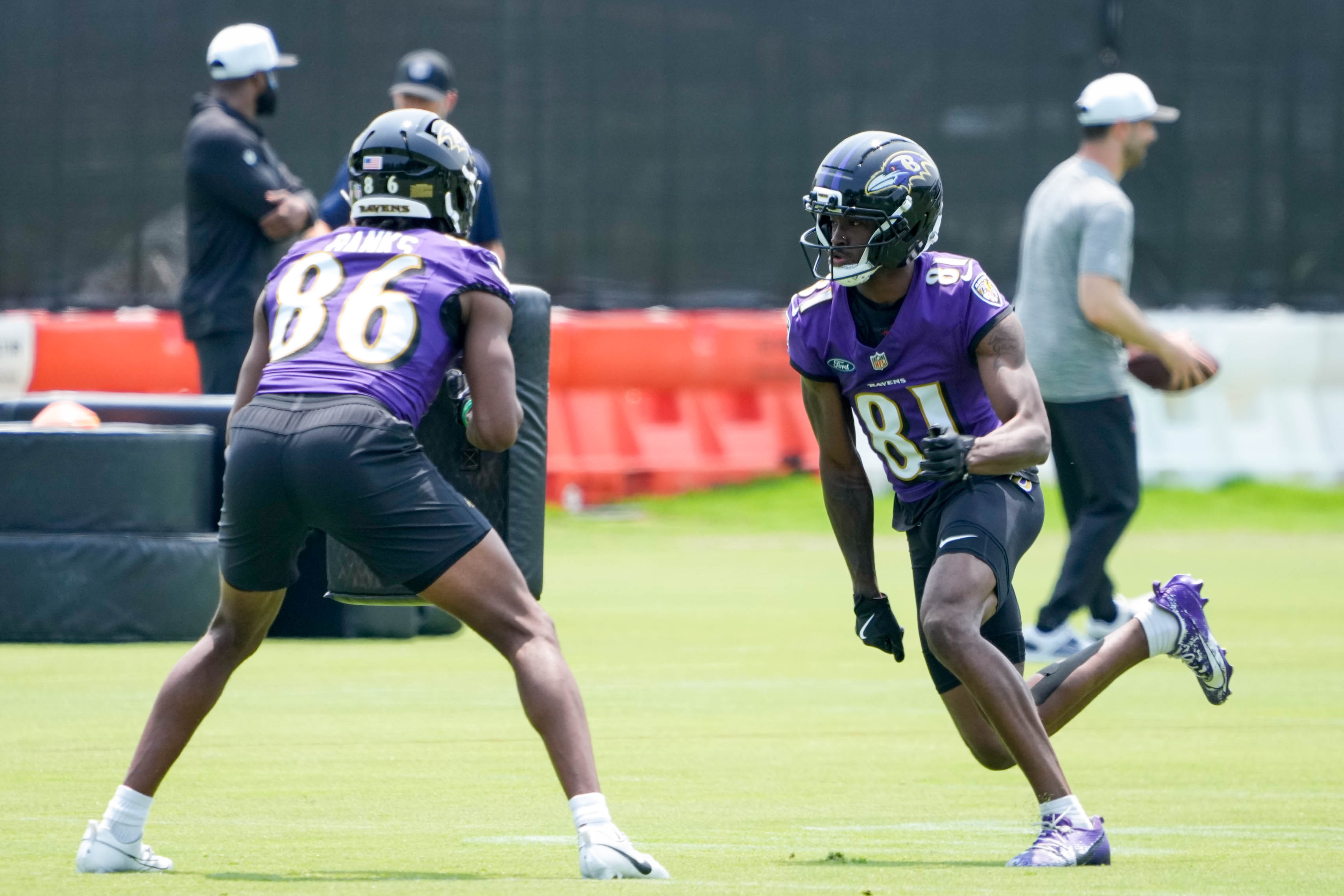 Wide receiver Devontez Walker, right, couldn’t separate against reserve defensive backs in training camp last season. Now he is winning against Nate Wiggins and Jaire Alexander.