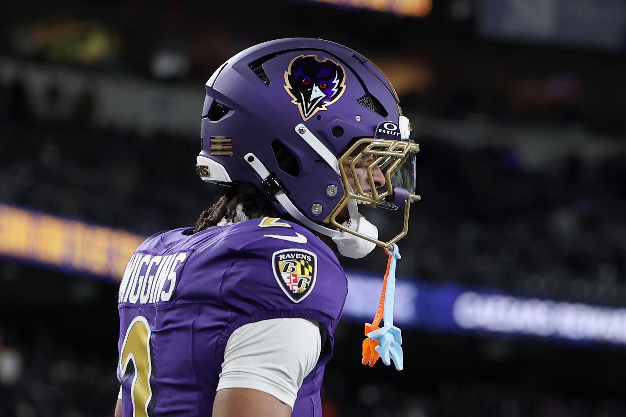 BALTIMORE, MARYLAND - NOVEMBER 27: Nate Wiggins #2 of the Baltimore Ravens speaks with Ja'Marr Chase #1 of the Cincinnati Bengals after an incompletion during the second quarter in the game at M&T Bank Stadium on November 27, 2025 in Baltimore, Maryland.