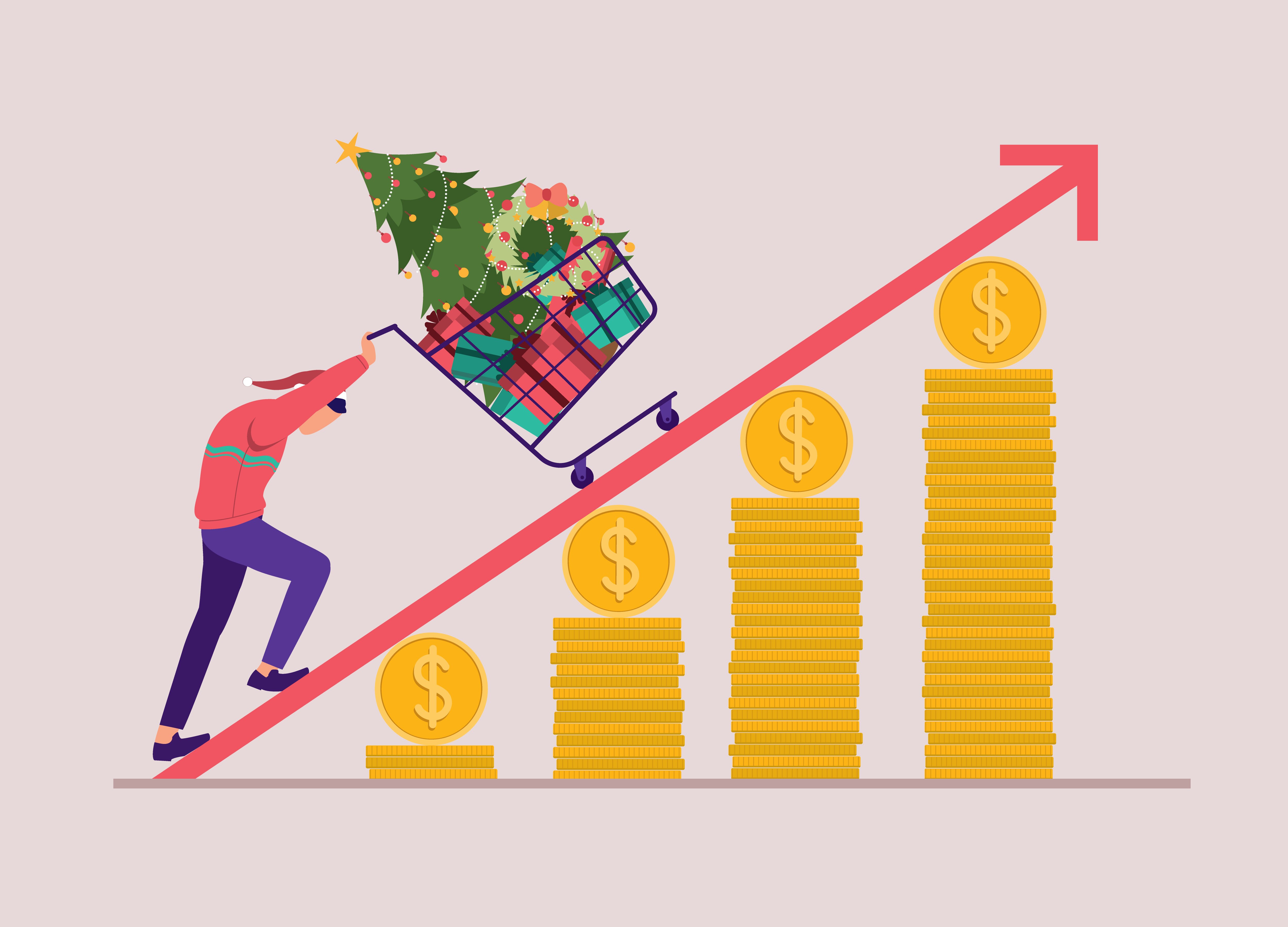 One Man With Sweater And Santa Hat Having Difficulty Pushing His Shopping Trolley Filled With Christmas Items.