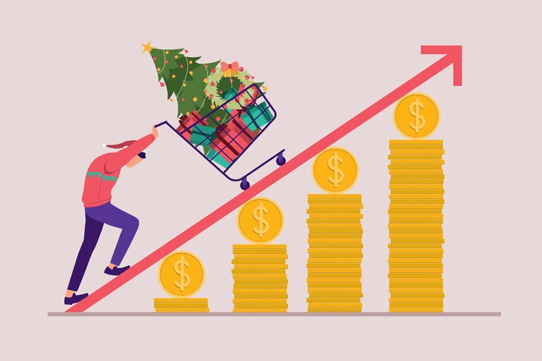 One Man With Sweater And Santa Hat Having Difficulty Pushing His Shopping Trolley Filled With Christmas Items.