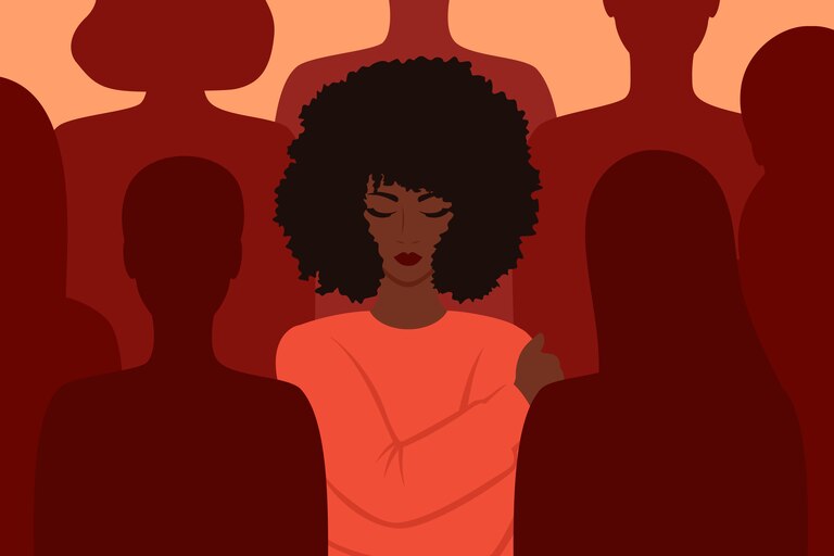 A black woman hugging herself among the silhouettes of people. Loneliness in a crowd. Vector illustration in flat style.
