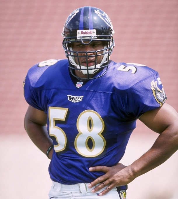 Linebacker Peter Boulware of the Baltimore Ravens stands on the field during a practice for the NFL rookies at the Los Angeles Coliseum in Los Angeles, California.