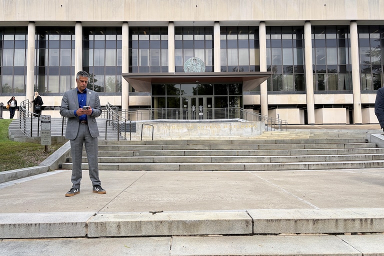 Jared DeMarinis, state administrator of elections, waits outside the Supreme Court of Maryland in Annapolis following oral arguments in a redistricting case on Thursday, Sept. 3, 2026.