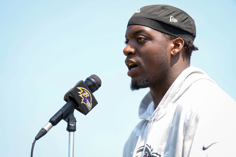 Baltimore Ravens linebacker Adisa Isaac (50) takes questions from reporters following the Ravens’ organized team activities at the Under Armour Performance Center in Owings Mills, Md. on Wednesday, June 11, 2025.