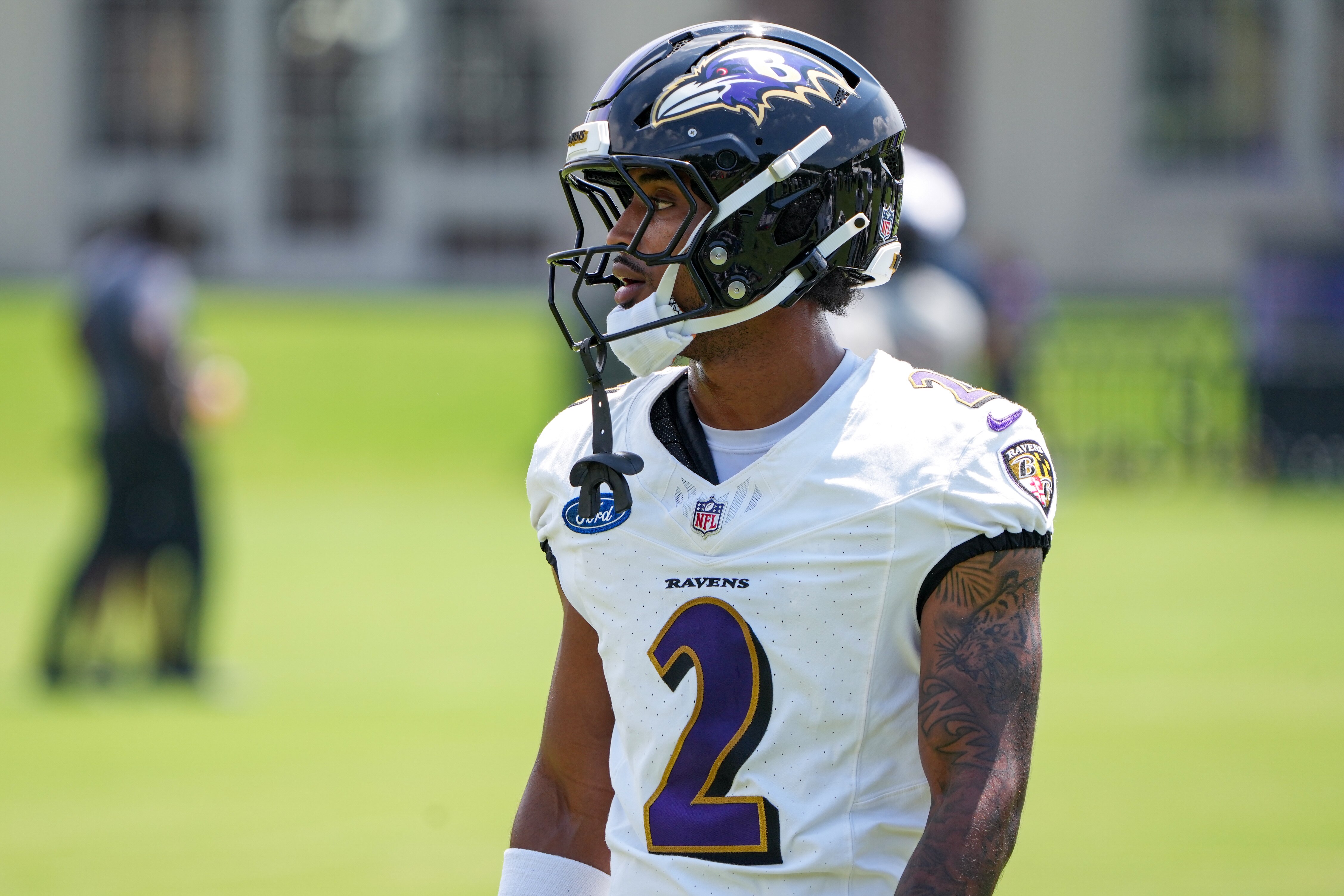 Baltimore Ravens corner back Nate Wiggins (2) gets ready for the next drill during the team’s 2024 training camp at the Under Armour Performance Center in Owings Mills on Tuesday, July 23.
