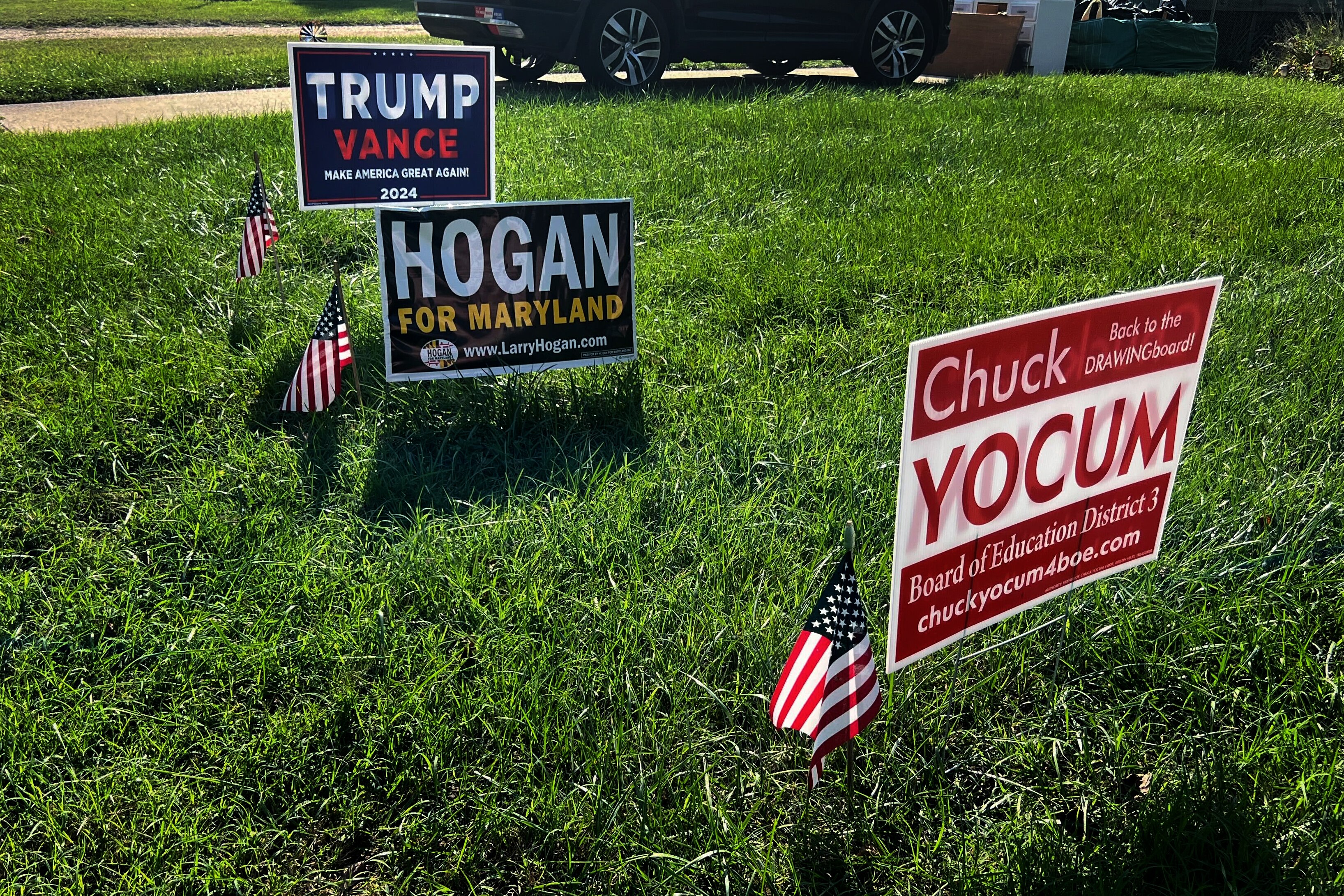 A campaign sign for Charles “Chuck” Yocum, a candidate for District 3 on the Anne Arundel County school board, is seen on Monday, Oct. 7, 2024, on a lawn in Pasadena, Md.