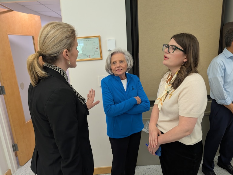 Women in office from Anne Arundel County often point to state Sen. Pamela Beidle, center, as a role model. She was joined by Sen. Dawn Gile, left, and U.S. Rep. Sarah Elfreth at an April 24, 2026 endorsement announcement in Crofton.