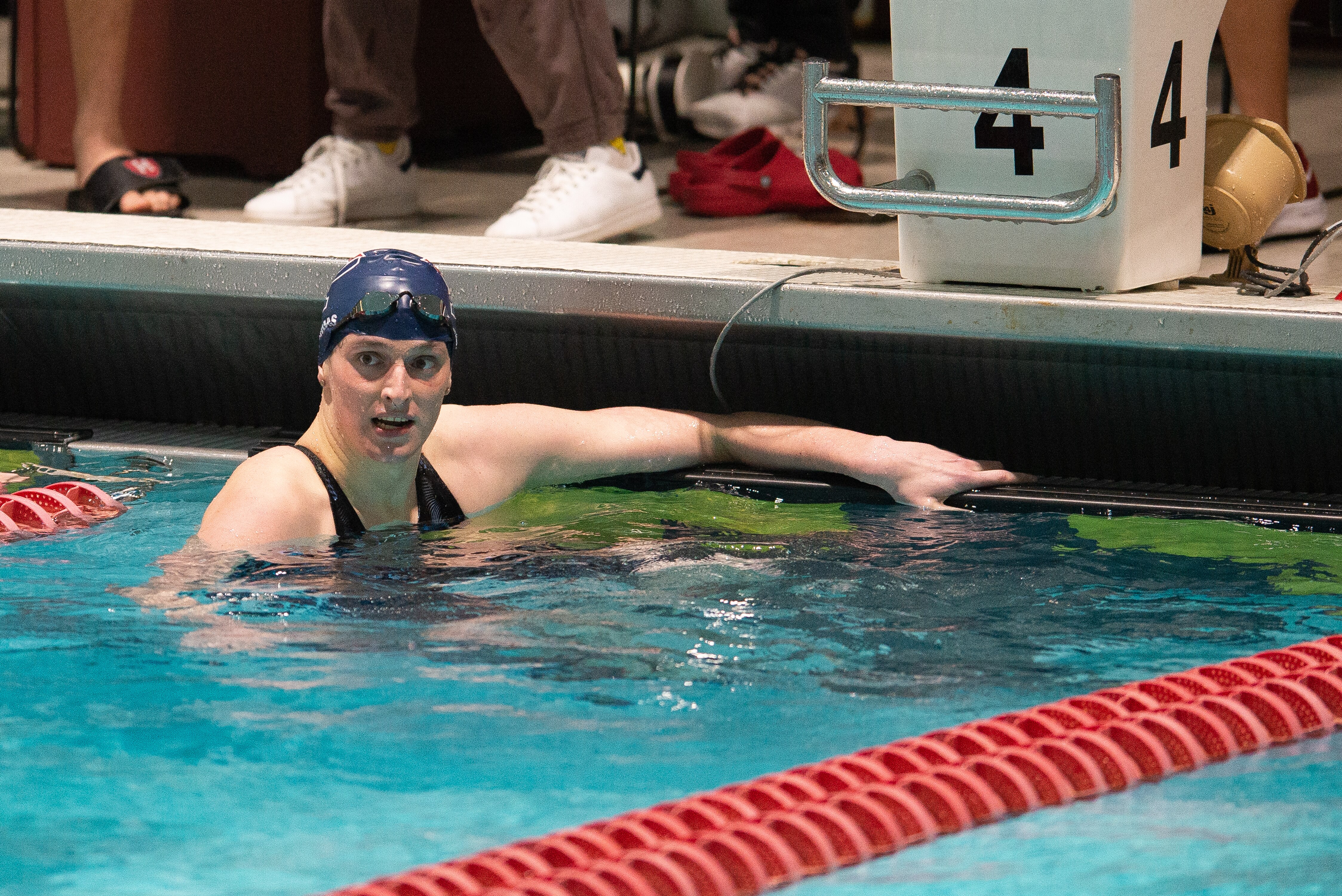 CAMBRIDGE, MA - FEBRUARY 18: University of Pennsylvania swimmer Lia Thomas looks on after winning the 200 yard freestyle during the 2022 Ivy League Women's Swimming and Diving Championships at Blodgett Pool on February 18, 2022 in Cambridge, Massachusetts.  (Photo by Kathryn Riley/Getty Images)